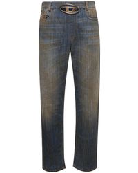 DIESEL - Light Blue Straight Jeans With Metal Logo And Used Effect In Cotton Denim Man - Lyst
