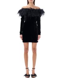 Alessandra Rich - Feathers Trim Velvet Mini Dress - Lyst