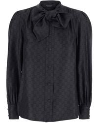 Gucci - Silk Shirt With Knot Bow And Gg Print Blouses - Lyst