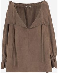By Malene Birger - Suede Blouse With Ruffled Neckline Goat Leather Shirt - Lyst