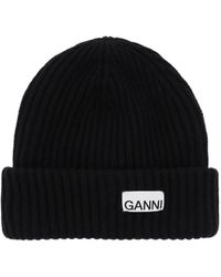 Ganni - Beanie Hat With Logo Patch - Lyst