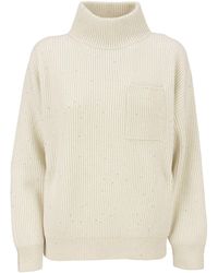 Brunello Cucinelli High Neck Cashmere And Wool Rib Sweater - Natural