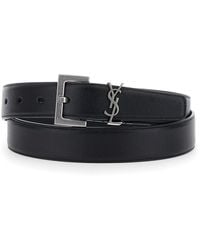Saint Laurent - Belt With Cassandre Plate, Leather Calf - Lyst