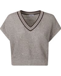 Brunello Cucinelli - V-Neck Cropped Knit Sweater - Lyst