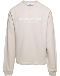 Stone Island - Off-white Crewneck Sweatshirt With Contrasting Logo Print In Cotton - Lyst