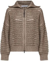 Brunello Cucinelli - Seige Soft Wool And Cashmere Net Knit Dazzling Cardigan - Lyst