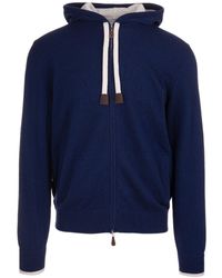 Fedeli Man Dark Blue Cashmere Cardigan With Zip And Hood