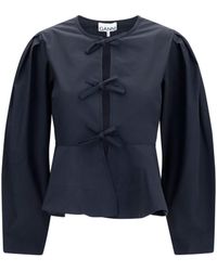 Ganni - Cotton Poplin Blouse With Bows Shirt - Lyst