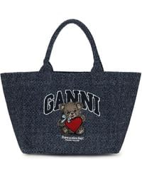 Ganni - Medium Denim Tote Bag With Bear Cotton Shoulder - Lyst