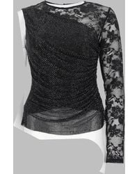 Self-Portrait - One-Shoulder Lace Top With Rhinestones, Polyester Tops - Lyst