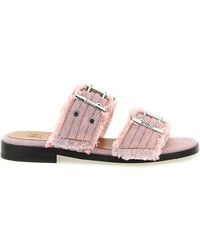 Ganni - 'Feminine Buckle Fringed Denim' Sandals - Lyst