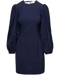 Ganni - Mini Navy Blue Open-back Dress With Balloon Sleeves In Stretch Viscose Blend Woman - Lyst