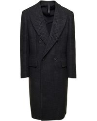 Hevò - Grey Double-breasted Coat With Houndstooth Pattern In Wool Blend - Lyst