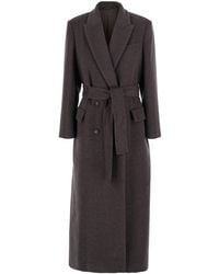 Brunello Cucinelli - Double-Breasted Coat With Peak Revers And Front Belt - Lyst
