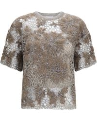 Brunello Cucinelli - Crew-Neck Top With Floral Embroidery And Sequins T-Shirts - Lyst