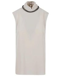 Brunello Cucinelli - Sand Sleeveless Top With Embellished Collar - Lyst