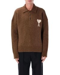 Ami Paris - Wool Polo Sweater With De Coeur Logo - Lyst