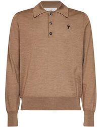 Ami Paris - Camel Extra-Fine Merino Wool Knit Ami De Cœur Polo Shirt - Lyst