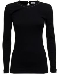 Brunello Cucinelli - Woman's Long-sleeved Cotton T-shirt With Monile Crew Neck - Lyst