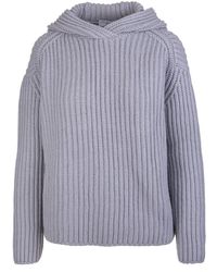 Fedeli Woman Hooded Jumper In Dust Grey Ribbed Cashmere