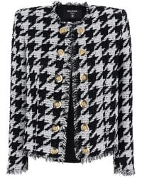 Balmain - Houndstooth Fringe Trim Tweed Jacket - Lyst