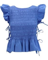 Ganni - Ruched Cotton Top With Side Bows Cotton; Elastane - Lyst