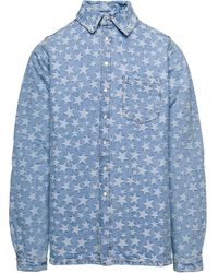 ERL - Light Blue Long Sleeve Shirt With All-over Star Print In Cotton Denim - Lyst