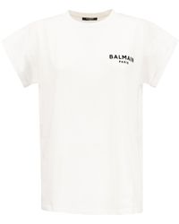 Balmain - Short Cotton T-shirt With Flocked Logo - Lyst