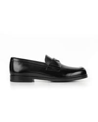 Prada - Brushed Leather Loafers With Logo - Lyst