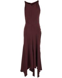 Victoria Beckham - Bordeaux Midi Dress With Draped Neckline And Asymmetric Hem - Lyst