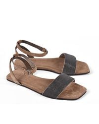 Brunello Cucinelli - Leather Flat Sandals With Ankle Strap - Lyst