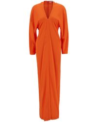 Ferragamo - Long Orange Dress With Kimono Sleeves In Stretch Viscose Woman - Lyst