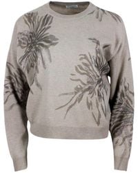 Brunello Cucinelli - Long-Sleeved Round-Neck Wool, Silk And Cashmere Sweater With Flower Print Embellished With Lurex - Lyst