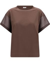 Brunello Cucinelli - Cotton T-Shirt With Sheer Sleeves And Side Panels T-Shirts - Lyst