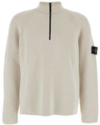 Stone Island - Sweater With Logo Patch On The Sleeve And Front Half Zip Closure - Lyst