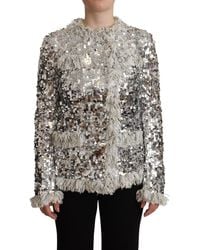 Dolce & Gabbana - Silver Sequined Shearling Long Sleeves Jacket Nylon - Lyst