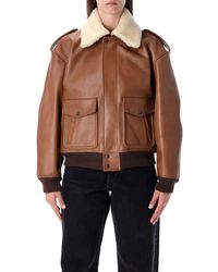 Saint Laurent - Leather Bomber Jacket With Shearling Collar - Lyst