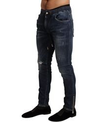 Dolce & Gabbana - Cotton Stretch Tattered Denim Jeans Polyester Elastane Clothing - Lyst