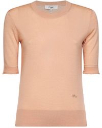 Chloé - Tender Peach Virgin Wool Knit Embroidered Short-Sleeved Sweater - Lyst
