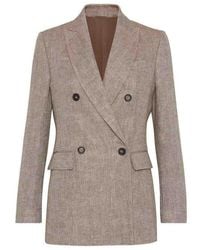 Brunello Cucinelli - Tabacco Linen Double Breasted Jacket - Lyst