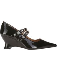 Ganni - Eyelets Low Wedge Pump Naplack - Lyst