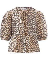 Ganni - Leopard Cotton Poplin Peplum Tie Blouse - Lyst