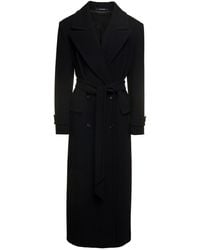 Tagliatore - 'julia' Long Black Double-breasted Coat With Matching Belt In Wool And Cashmere Woman - Lyst