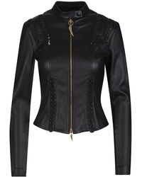 Roberto Cavalli - Woman Black Biker In Leather And Fabric With Cut-out Details - Lyst