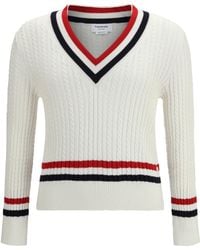 Thom Browne - Intarsia Cable-Knit V-Neck Sweater Cotton - Lyst