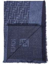 Fendi - Silk Denim Cotton And Wool Ff Shawl - Lyst