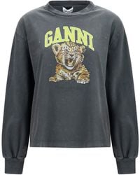 Ganni - Long-Sleeve Tiger-Print T-Shirt Cotton T-Shirts - Lyst