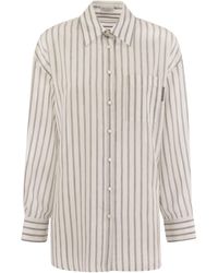 Brunello Cucinelli - Cotton-Silk Organza Stripe Shirt With Shiny Tab - Lyst