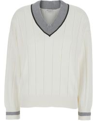 Brunello Cucinelli - T-Shirt With V Neck And Monil Detail On The C - Lyst