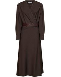 Brunello Cucinelli - Dark Chocolate Stretch Canvas Belted Midi Dress - Lyst